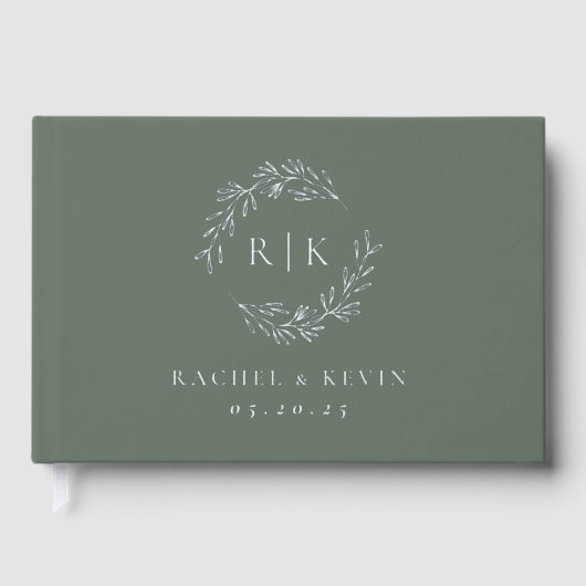 セージエレガントと銀の葉モノグラム結婚の ゲストブック (正面)