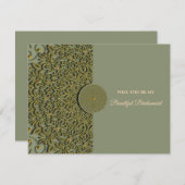 セージエレガントグモダンリーの緑の金ゴールドの花嫁の提案 招待状 (正面/裏面)
