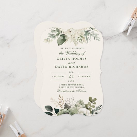セージエレガントグリーンとアイボリーの結婚花 招待状 (正面/裏面インサイチュ)