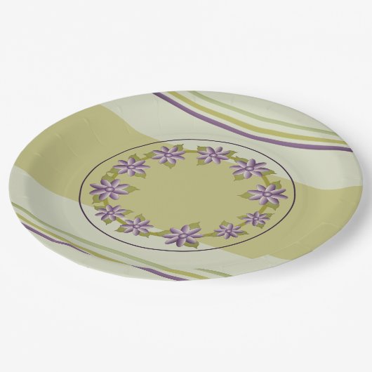 セージエレガントグリーンとパープルのフローラとストライプ ペーパープレート (アングル)