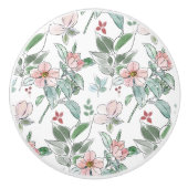 セージエレガントグリーンとピンクの花柄 セラミックノブ (正面)