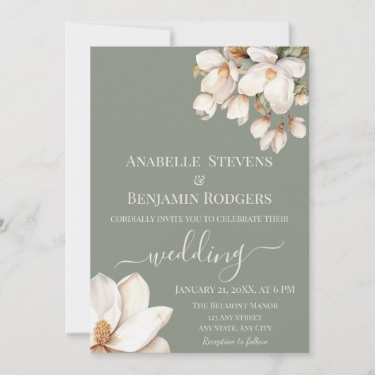 セージエレガントグリーンとホワイトフローラ結婚ズ 招待状 (正面)