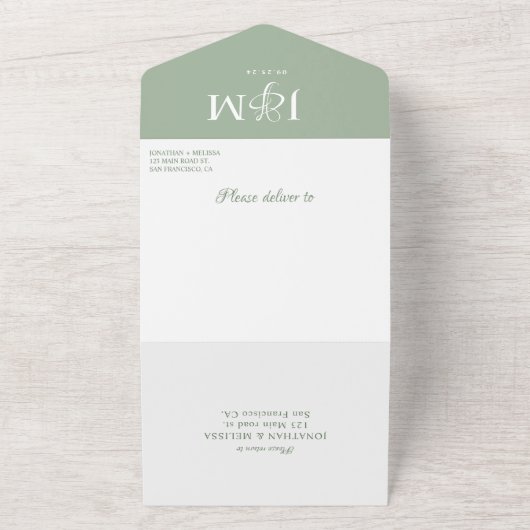 セージエレガントグリーンとホワイトモノグラム結婚ズ オールインワン招待状 (外側)