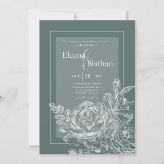 セージエレガントグリーンと植物性フローラズ結婚ーズ 招待状 (正面)