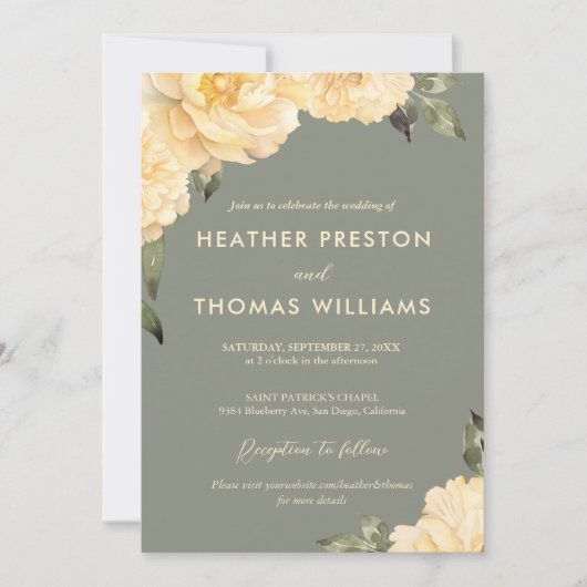 セージエレガントグリーンイエローフローラ結婚ズ 招待状 (正面)