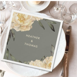 セージエレガントグリーンイエローフローラ スタンダードカクテルナプキン