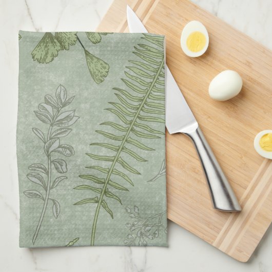 セージエレガントグリーンウォーター色フローラ キッチンタオル (四つ折り)