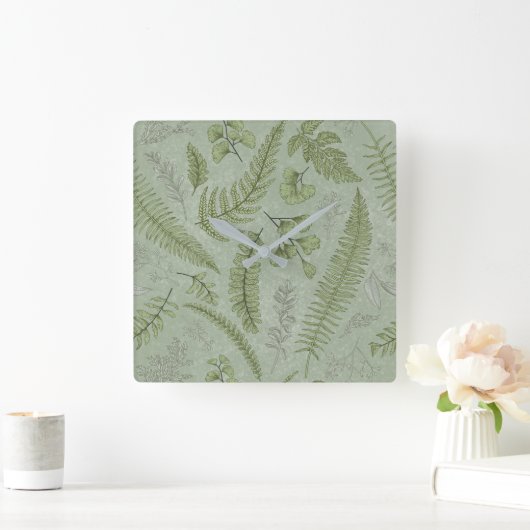 セージエレガントグリーンウォーター色フローラ スクエア壁時計 (ホーム)