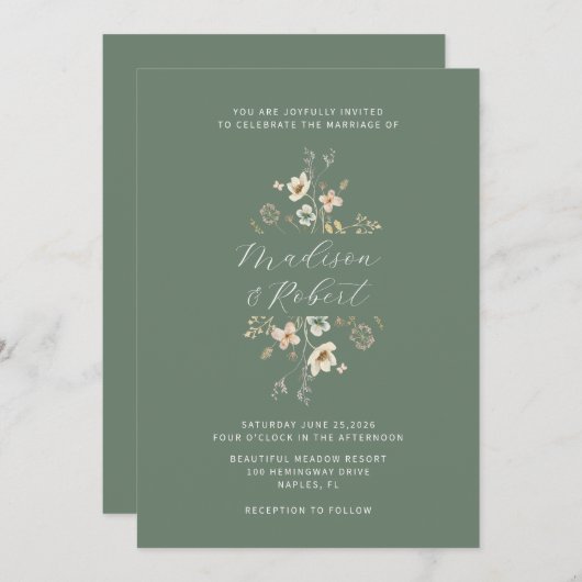 セージエレガントグリーンウォーター色ワイルドフラワー結婚ズ 招待状 (正面/裏面)