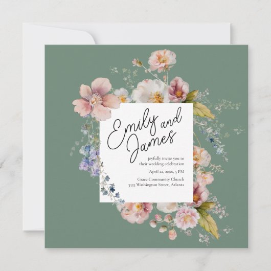 セージエレガントグリーンガーデンワイルドフラワー結婚ズ 招待状 (正面)