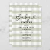 セージエレガントグリーンクラシックギンガムベビーシャワー 招待状 (正面/裏面)