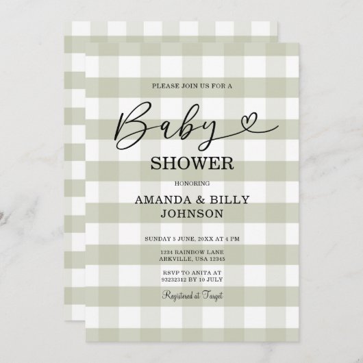 セージエレガントグリーンクラシックギンガムベビーシャワー 招待状 (正面/裏面)
