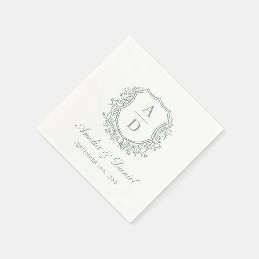 セージエレガントグリーンクレストモノグラム結婚ズ スタンダードカクテルナプキン (角)