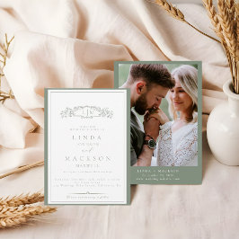 セージエレガントグリーンクレストモノグラム結婚ズ 招待状