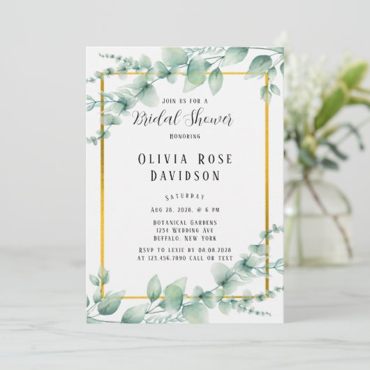 セージエレガントグリーングリーナリー金ゴールドブライダルシャワー 招待状 (スタンド正面)