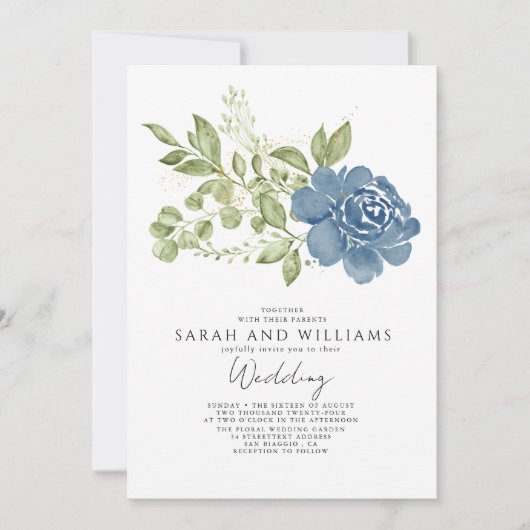 セージエレガントグリーンネイビーブルーフローラボホ結婚ズ 招待状 (正面)