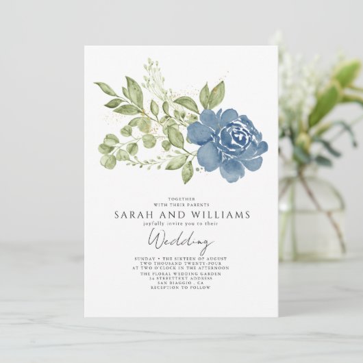 セージエレガントグリーンネイビーブルーフローラボホ結婚ズ 招待状 (スタンド正面)