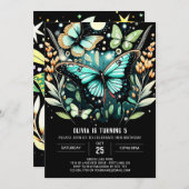 セージエレガントグリーンバタフライ誕生日 招待状 (正面/裏面)