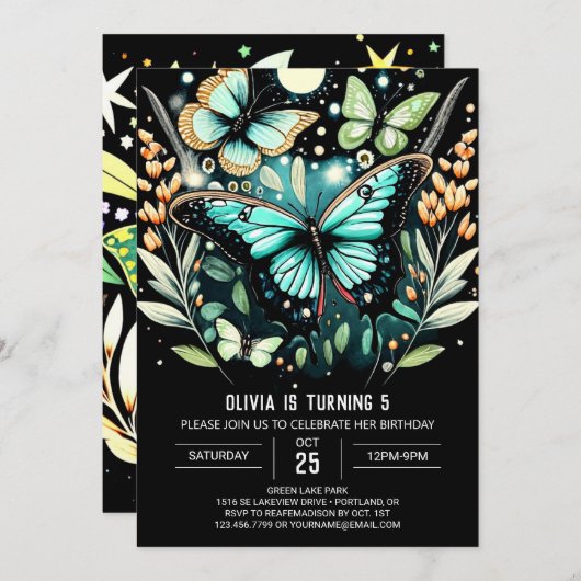 セージエレガントグリーンバタフライ誕生日 招待状 (正面/裏面)
