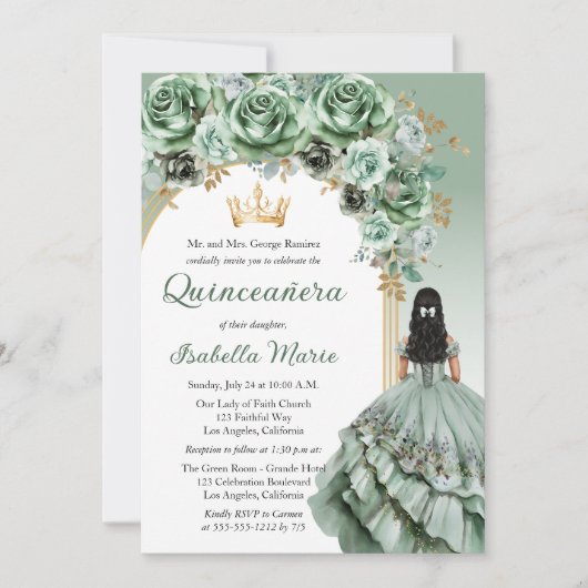 セージエレガントグリーンバラフローラキンセアニラパーティー 招待状 (正面)