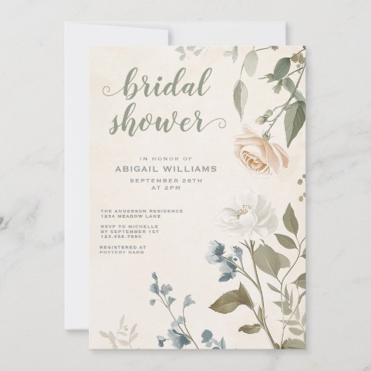 セージエレガントグリーンバラフローラシックブライダルシャワー 招待状 (正面)
