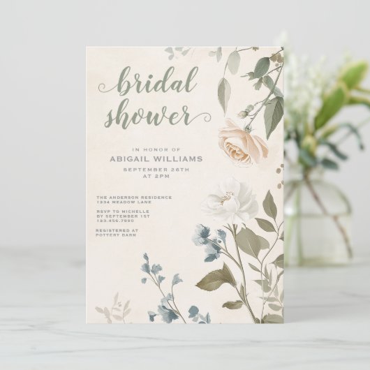 セージエレガントグリーンバラフローラシックブライダルシャワー 招待状 (スタンド正面)
