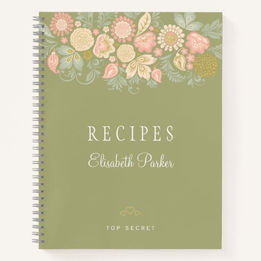 セージエレガントグリーンパステルフローラクックブックレシピ ノートブック (正面)