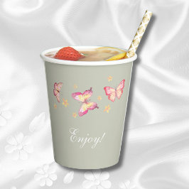 セージエレガントグリーンピンクバタフライベビーシャワー 紙コップ