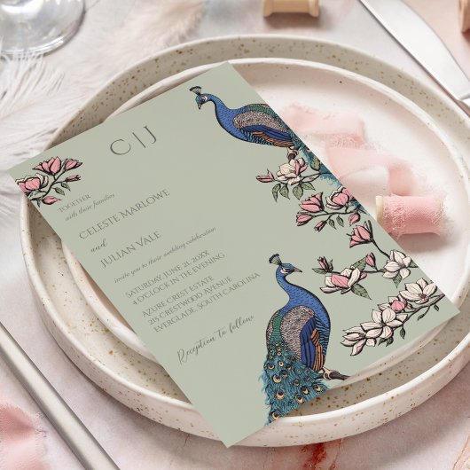 セージエレガントグリーンピーコックと花結婚の 招待状