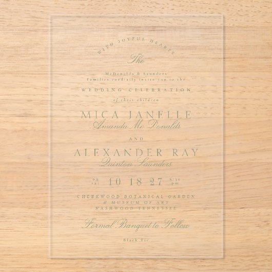 セージエレガントグリーンフォーマルラ結婚ク アクリル招待状 (正面)