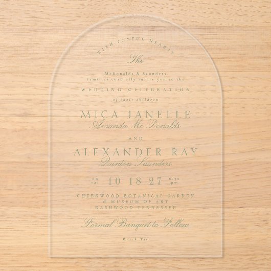 セージエレガントグリーンフォーマルラ結婚ク アクリル招待状 (正面)