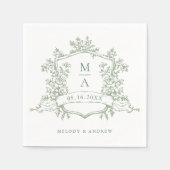 セージエレガントグリーンフローラクレストモノグラム結婚ズ スタンダードカクテルナプキン (正面)