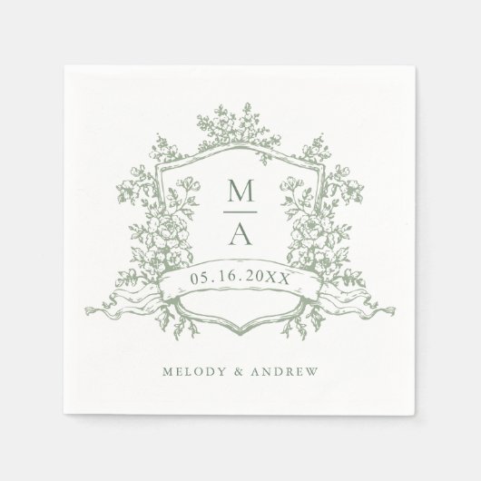 セージエレガントグリーンフローラクレストモノグラム結婚ズ スタンダードカクテルナプキン (正面)