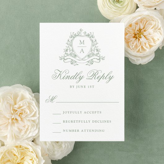 セージエレガントグリーンフローラクレストモノグラム結婚ズ 出欠カード