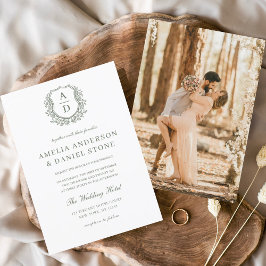 セージエレガントグリーンフローラクレストモノグラム結婚ズ 招待状