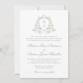 セージエレガントグリーンフローラクレストモノグラム結婚ズ 招待状 (正面)