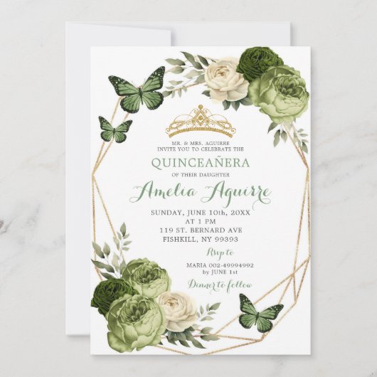 セージエレガントグリーンフローラバタフライキンセアニラ 招待状 (正面)