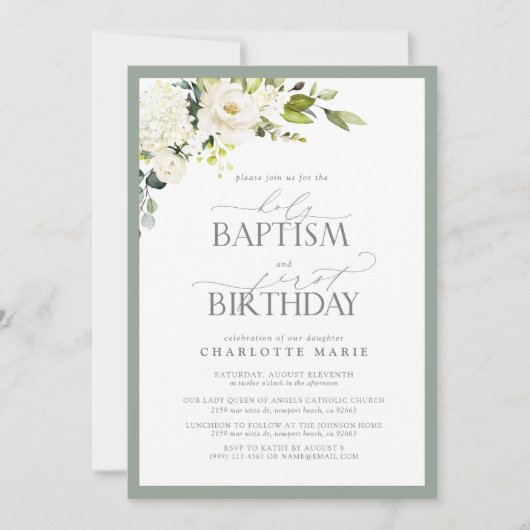 セージエレガントグリーンフローラバプテスマ1st誕生日 招待状 (正面)