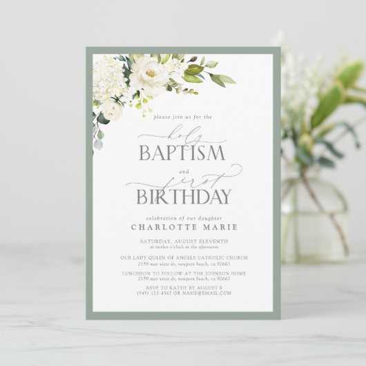 セージエレガントグリーンフローラバプテスマ1st誕生日 招待状 (スタンド正面)