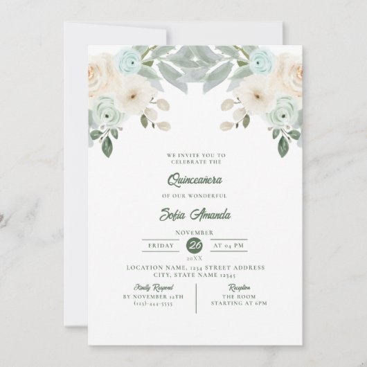 セージエレガントグリーンフローラプリンセスキンセアニラ 招待状 (正面)