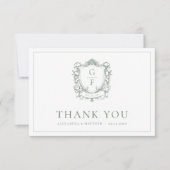 セージエレガントグリーンフローラモノグラムクレスト結婚ズ サンキューカード (正面)