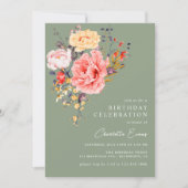 セージエレガントグリーンフローラ任意の年齢大人誕生日 招待状 (正面)