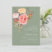 セージエレガントグリーンフローラ任意の年齢大人誕生日 招待状 (スタンド正面)