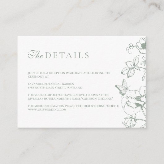 セージエレガントグリーンフローラ庭園の結婚式詳細 エンクロージャーカード (正面)