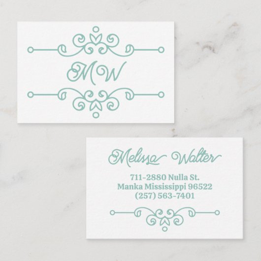 セージエレガントグリーンフローリッシュシックモノグラムヴィンテージ 名刺 (正面/裏面)