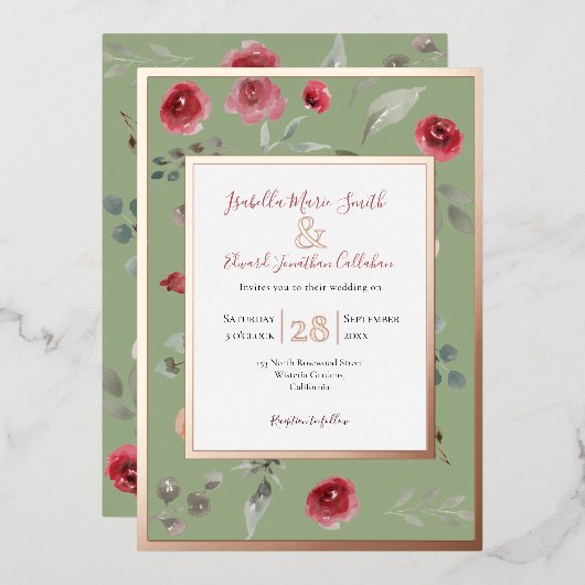 セージエレガントグリーンブルゴーニュバラバラ金ゴールド 箔招待状 (正面/裏面)