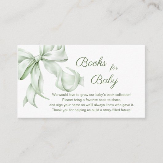 セージエレガントグリーンボウ赤ちゃんシャワーベビー用ブック エンクロージャーカード (正面)