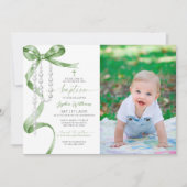 セージエレガントグリーンボウ&ロザリオ写真バプテスマ 招待状 (正面)