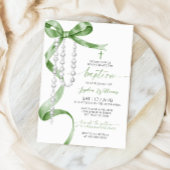 セージエレガントグリーンボウ&ロザリーバプテスマ 招待状