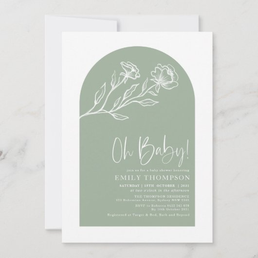 セージエレガントグリーンボタニカルボホベイビーシャワー 招待状 (正面)